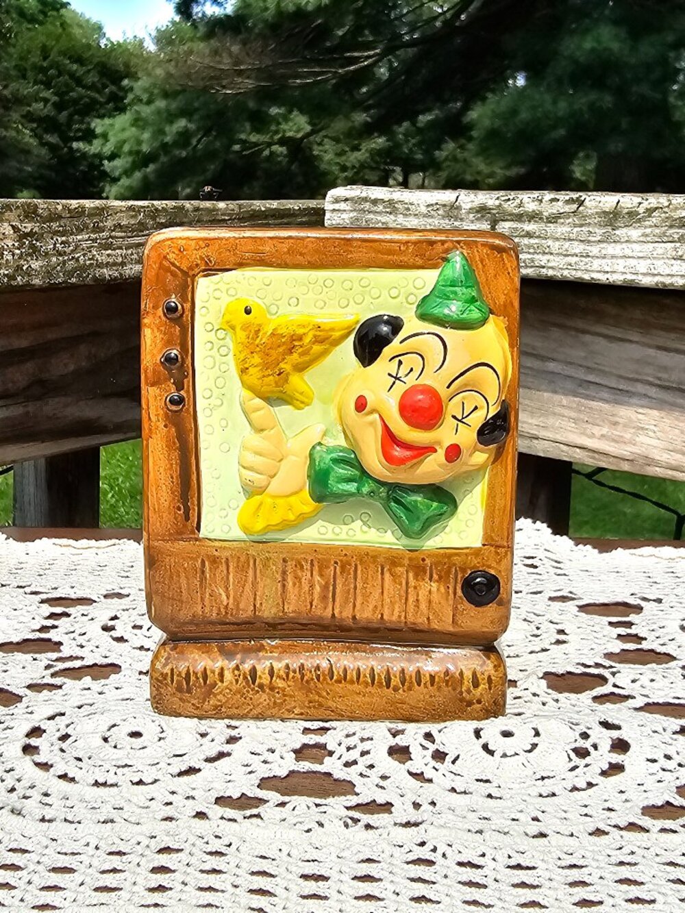 vintage coin piggybank shaped like TV and 3D clown w bird ceramic circa 1950-60s